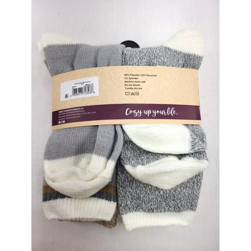 Muk Luks Crew Boot Socks Beige Gray 6-Pack Fits Women's Shoe Sizes 6-11 NWT